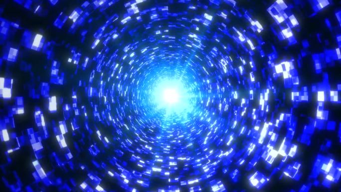 4K蓝圈科幻未来技术科幻隧道飞入网结构，抽象霓虹灯。