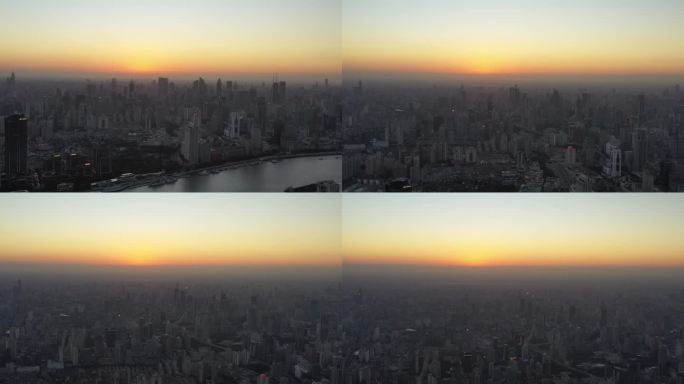 4K原素材-航拍金色霞光中的上海全景