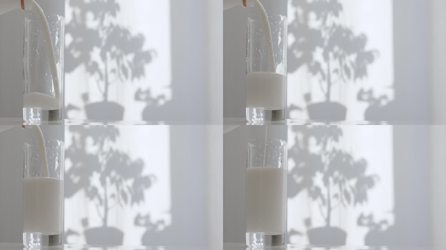 透明的玻璃杯里盛着鲜牛奶，背景是白色的厨房窗帘。把牛奶倒进白色光滑的桌子上的玻璃杯里。乳制品早餐是可
