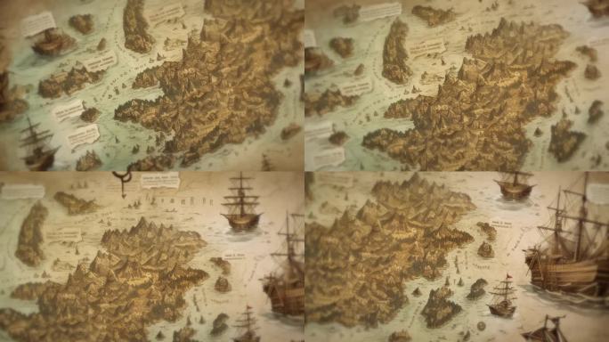 绘制古代藏宝图中世纪史诗奇幻冒险与海盗船-旅游动画的一个岛屿手稿插图