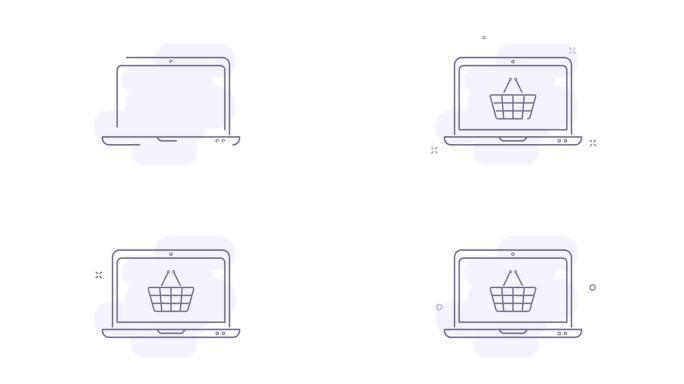 笔记本电脑4k视频动画与新兴篮子标志。电子商务购物笔记本电脑动画大纲图标。用于网页设计，移动应用，U