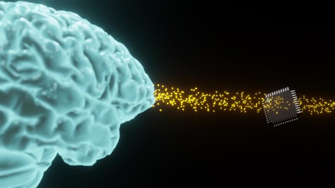 全息大脑向芯片释放能量粒子，象征人工神经植入