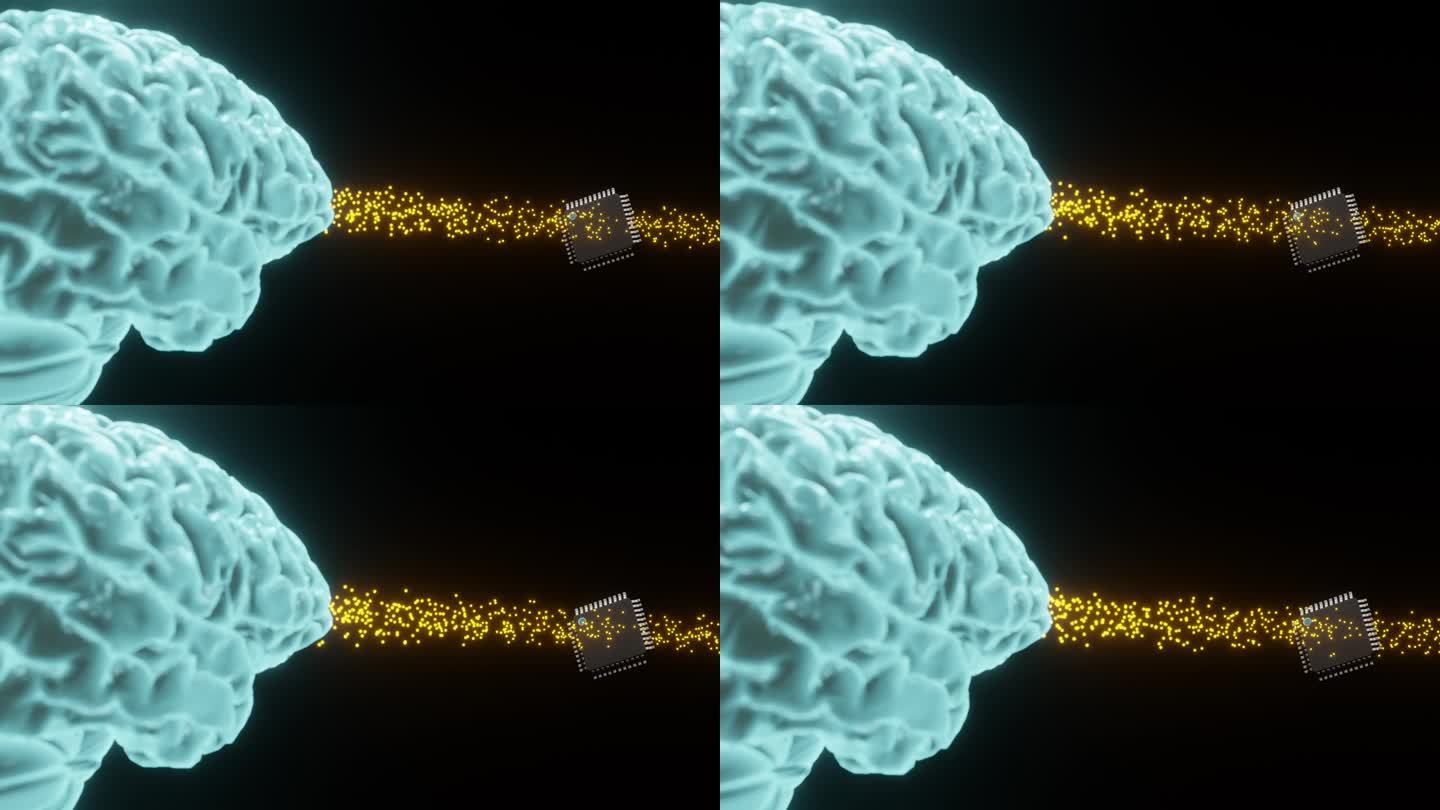 全息大脑向芯片释放能量粒子，象征人工神经植入