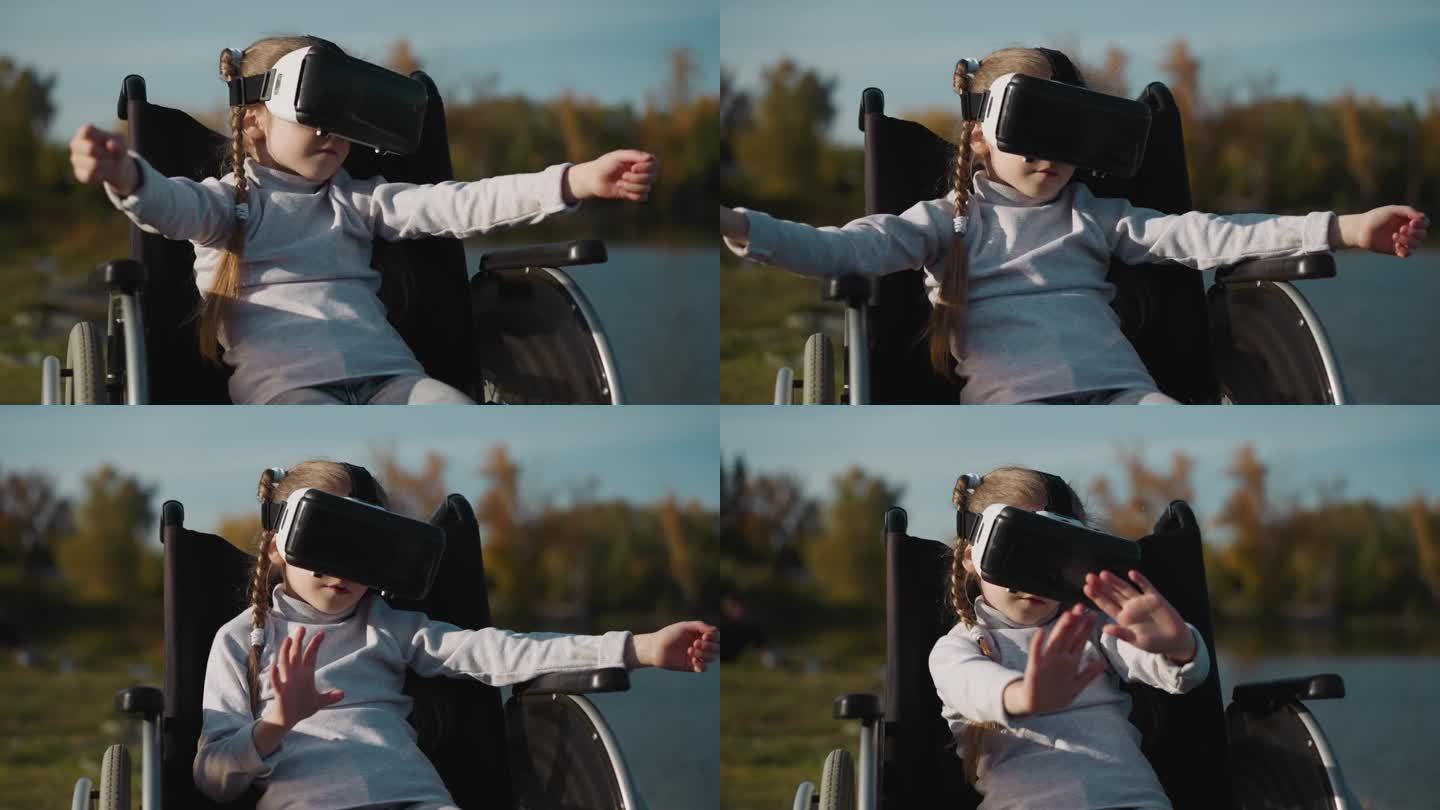 戴着VR头盔的女孩旋转双手控制游戏动作