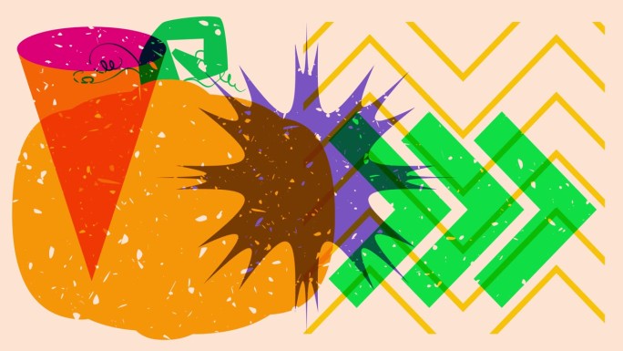 南瓜与彩色几何形状的动画。假日，收获在时尚的riso图形设计