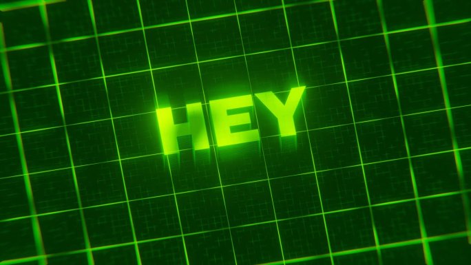 “HEY”这个词的3D渲染动画被隔离在绿色的网络背景上