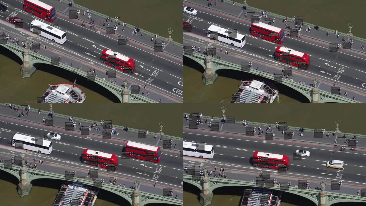 威斯敏斯特大桥上的通勤者和交通鸟瞰图。包含信息的文本框。面部识别界面。监测的概念。人工智能。深度学习