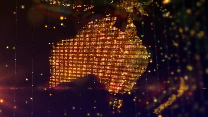 澳大利亚的数字地图以明亮发光的粒子组成的形式