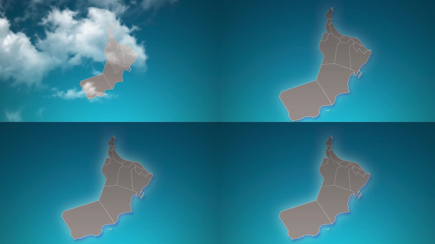 阿曼国家地图与放大在现实的云飞过。阿曼地图上的相机放大天空效果。背景适合公司介绍，旅游，演讲。
