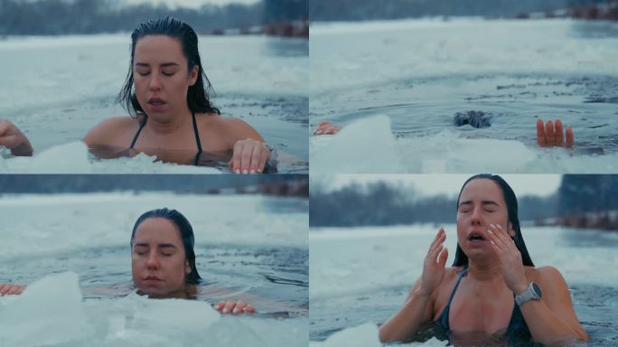 长头发的女人冒着严寒去冬泳。水下潜水
