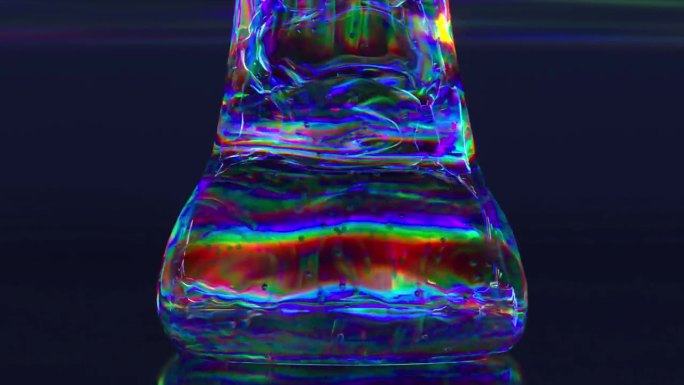 抽象的概念。液态凝胶状的钻石物质流到光滑光滑的表面。蓝色霓虹色。3 d动画。