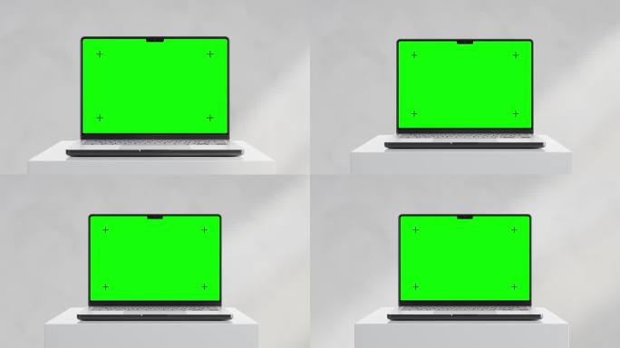 现代笔记本电脑模型，绿色屏幕，极简主义的设置，坐在一个白色的底座，小车和停止相机运动