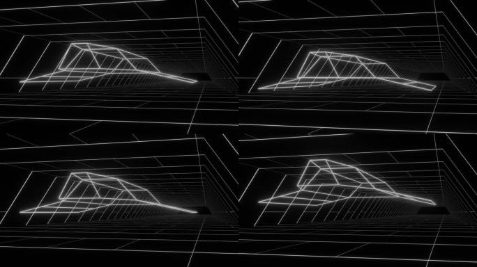 复古的80年代隧道动画与黑白星舰轮廓-无缝循环。合成波发光霓虹灯景观。空间基础。音乐视频的背景。视频