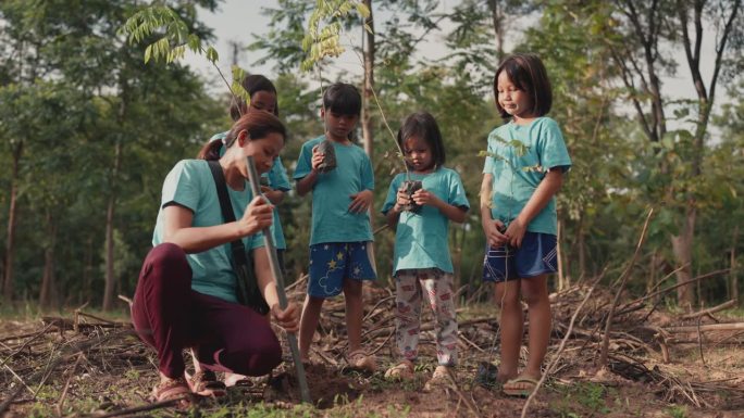 一群环保志愿者在植树。