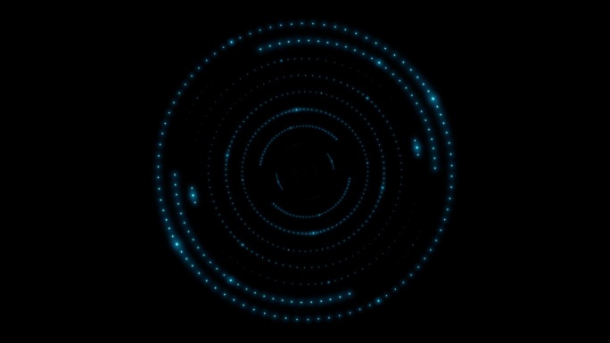 许多不同尺度的旋转圆圈，由闪烁发光的小霓虹灯点组成，像目标一样排列的灯泡，孤立在黑色的屏幕上。