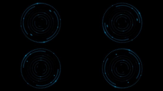 许多不同尺度的旋转圆圈，由闪烁发光的小霓虹灯点组成，像目标一样排列的灯泡，孤立在黑色的屏幕上。