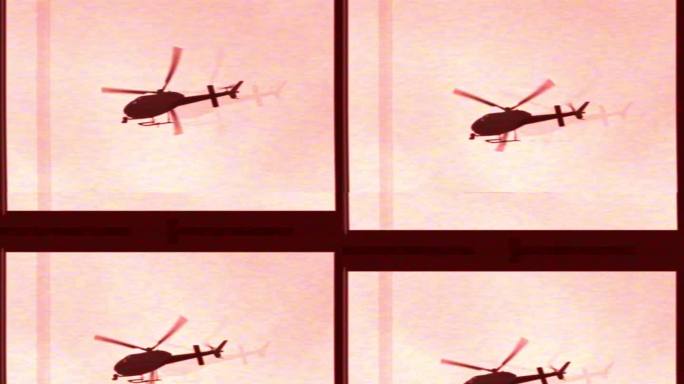 直升机在红色的天空中飞行