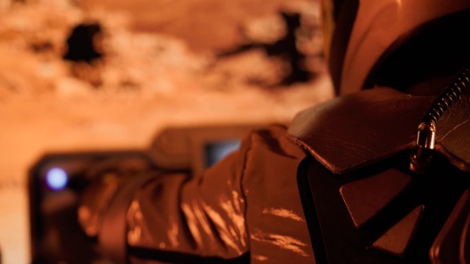 红色星球火星表面探测。宇航员驾驶未来的火星探测器，带有未来的控制屏幕