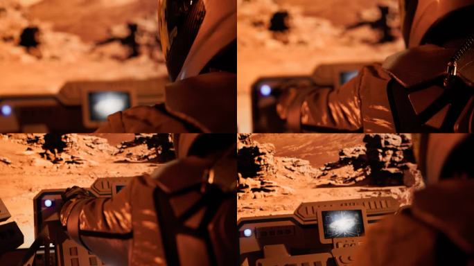 红色星球火星表面探测。宇航员驾驶未来的火星探测器，带有未来的控制屏幕