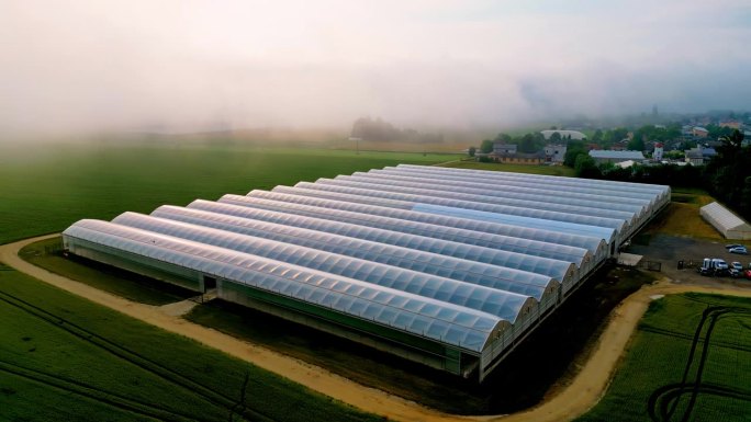 空中无人机拍摄的温室在天空下的农业景观