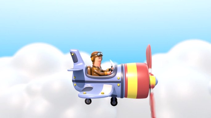 3D卡通飞行员在云中驾驶一架小飞机。可爱的红色小飞机或玩具飞机
