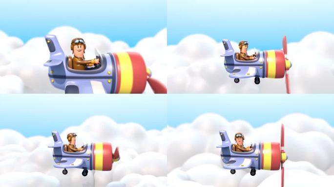 3D卡通飞行员在云中驾驶一架小飞机。可爱的红色小飞机或玩具飞机
