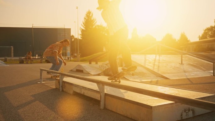 日落时分，在橙色天空下的滑板公园，男子在坡道上用滑板表演花样