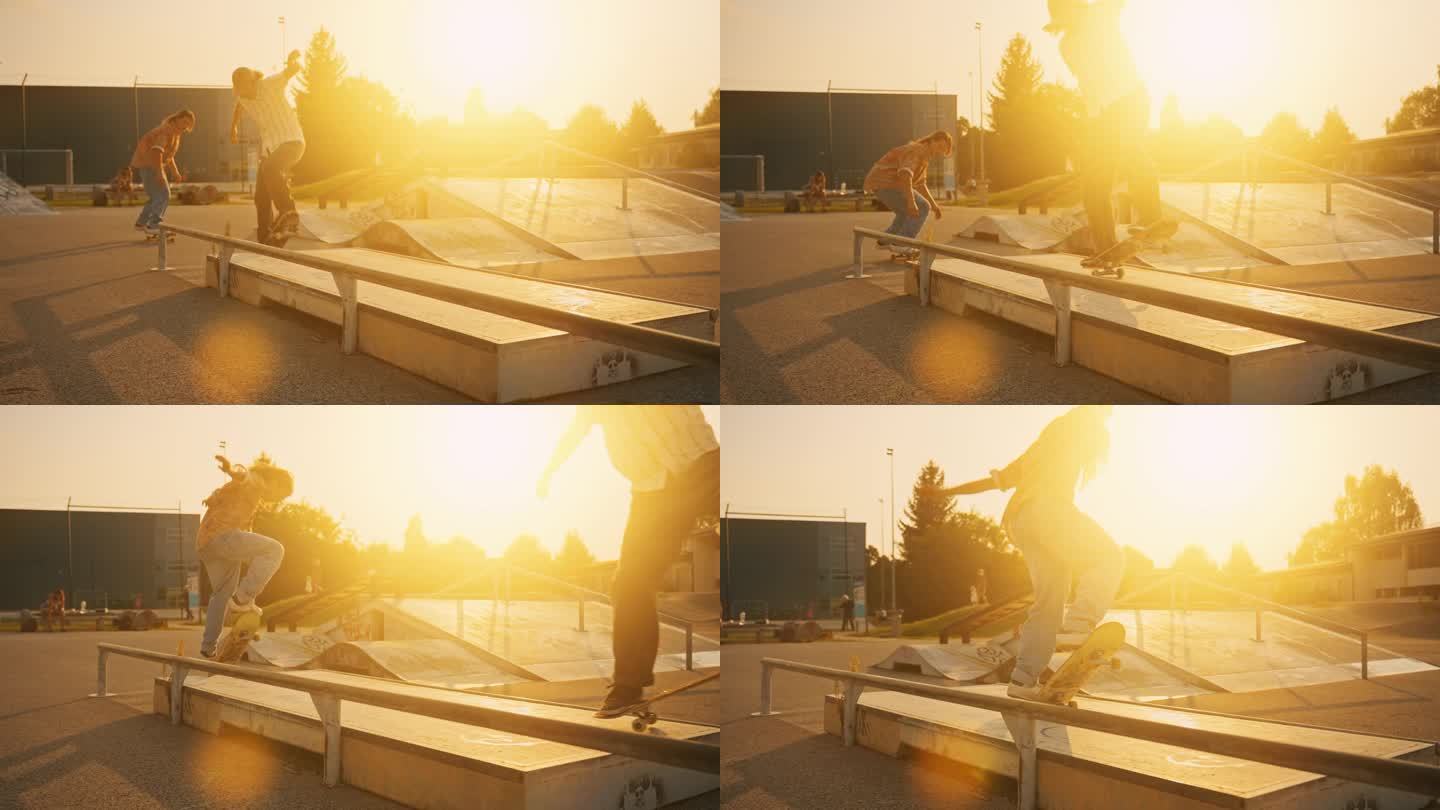 日落时分，在橙色天空下的滑板公园，男子在坡道上用滑板表演花样