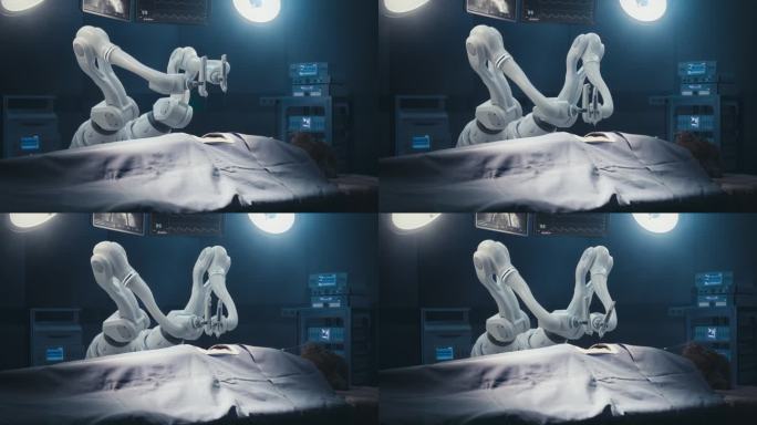 未来医院:手术病人躺在手术台上，机器人手臂进行高精度纳米手术。用于人体心脏移植的自动化可编程机械肢体