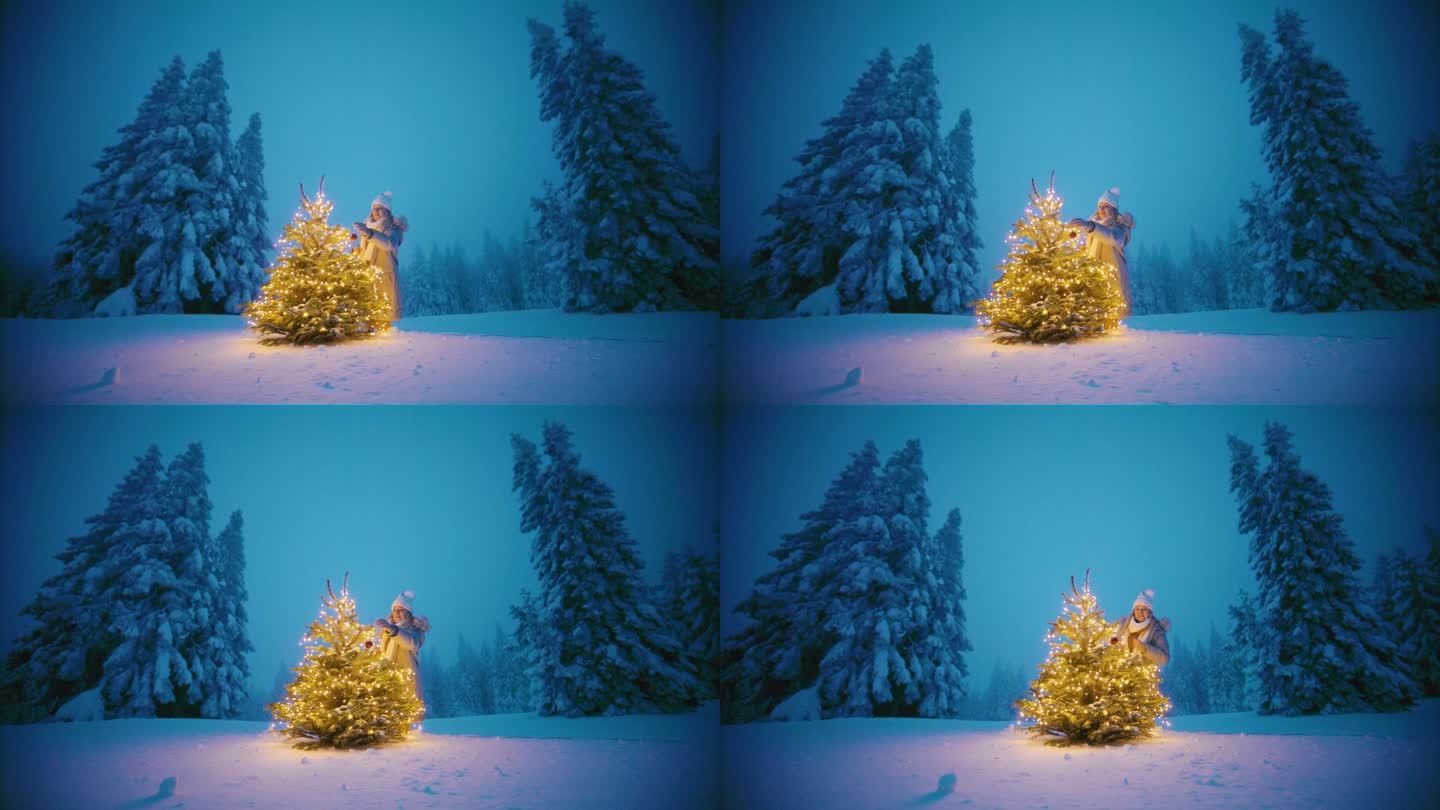 白雪覆盖的林间空地上，一名妇女把装饰品挂在圣诞树上