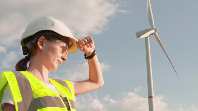 一名女工程师正拉直头盔，专注于分析数据和控制可再生能源的生产过程。以风力发电机为研究背景。逆空风力涡