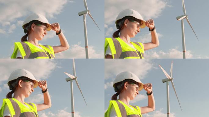 一名女工程师正拉直头盔，专注于分析数据和控制可再生能源的生产过程。以风力发电机为研究背景。逆空风力涡