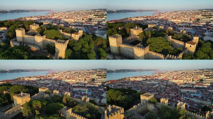 里斯本和圣乔治城堡的鸟瞰图。里斯本市中心的清晨，葡萄牙