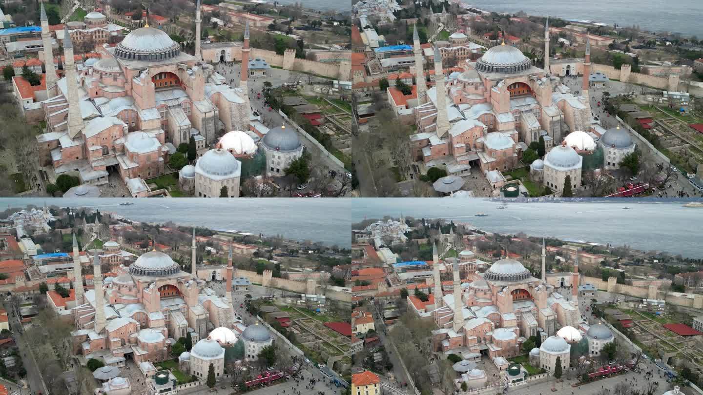 伊斯坦布尔圣索菲亚清真寺，博斯普鲁斯海峡，飞回拍摄