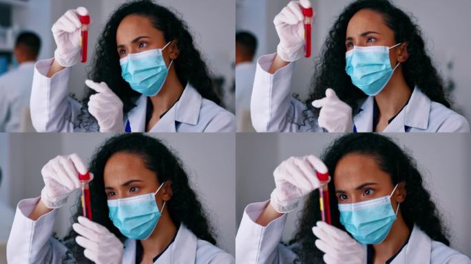 口罩、血液检测和实验室科学家进行疫苗研究分析、科学考试或健康检查。医生或女医务人员携带covid -