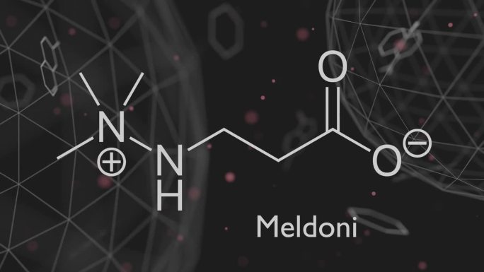 米屈肼抗缺血药物分子。用于治疗心绞痛和心肌梗塞。骨骼的公式。