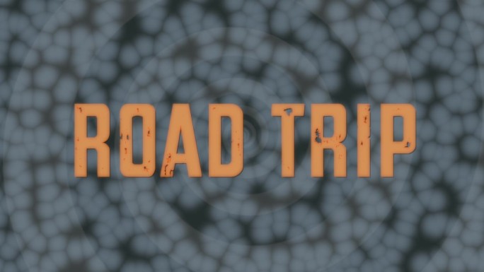 短语公路旅行，字母橙色，抽象灰色背景，动画。