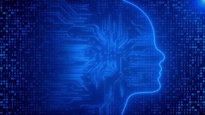 数字AI人工智能未来的大脑动画。人脑接口概念。
