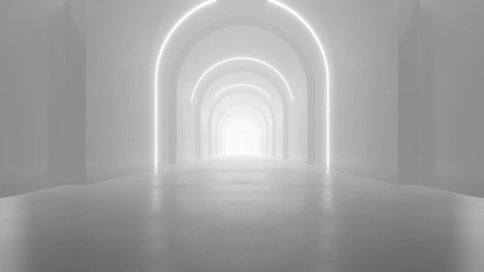 白色抽象科幻隧道的3d渲染，未来宇宙飞船走廊。循环动画。