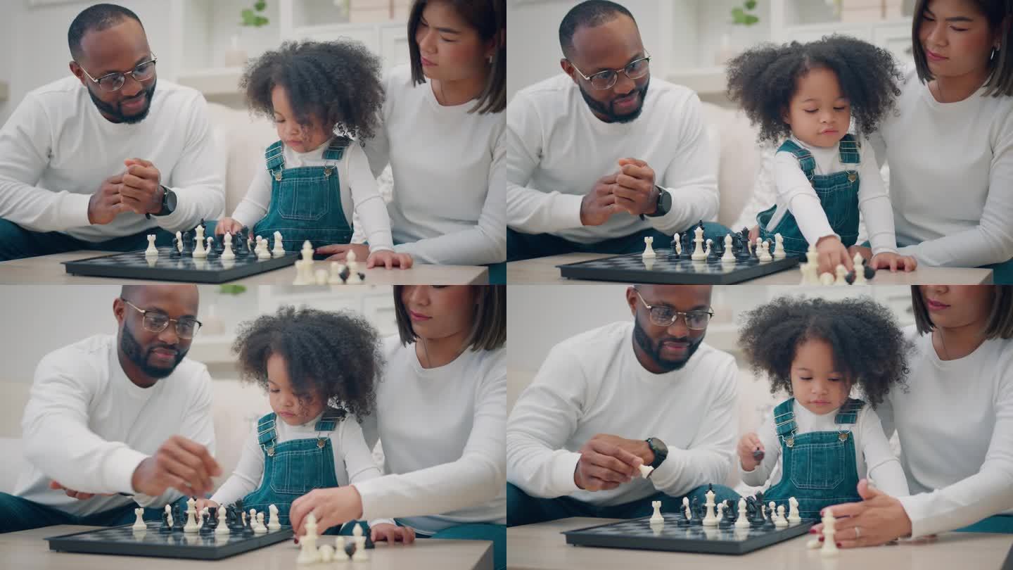 女儿和家人下棋，一种智能游戏，多民族家庭在家里下棋，爸爸妈妈和孩子一起做活动
