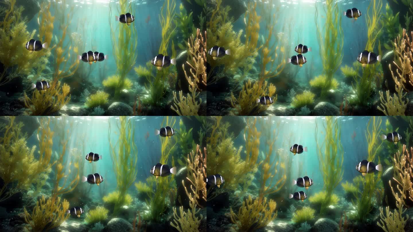 热带水族馆中小丑鱼的水下场景