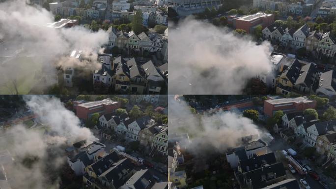 在市区住宅区升起的烟雾中飞行。消防单位介入房屋火灾。