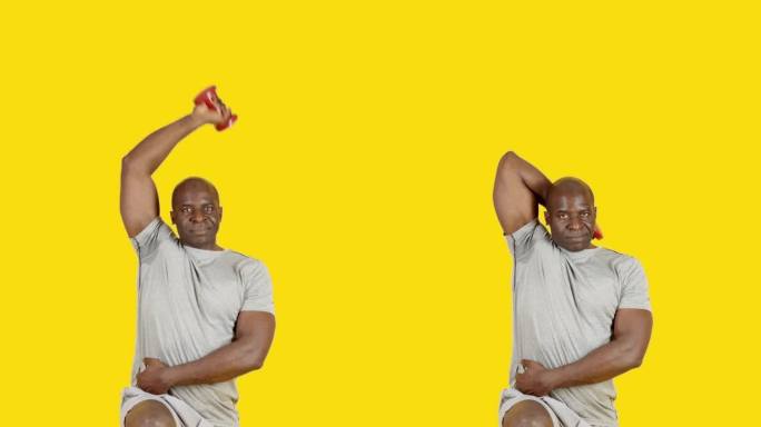 非洲男子用哑铃做肱三头肌伸展运动