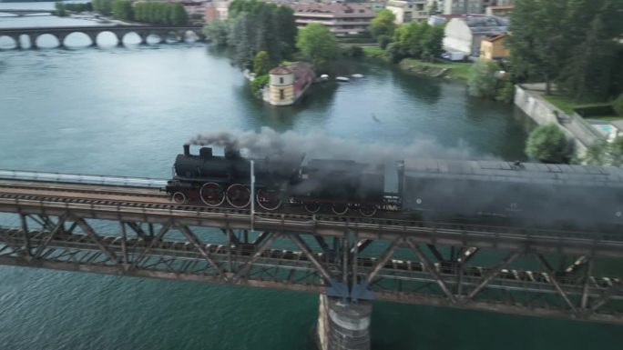 蒸汽火车桥鸟瞰图复古蒸汽火车铁路运输