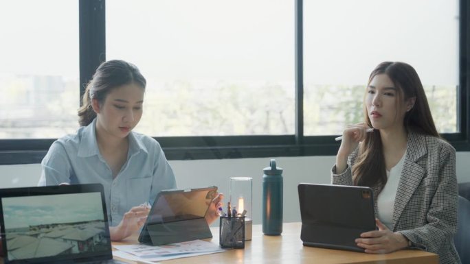两个年轻的女商人在会议室用笔记本电脑讨论项目