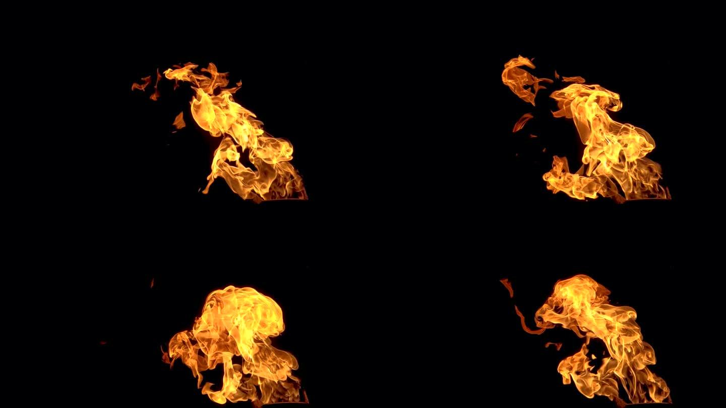 火焰和火焰的慢动作视频。火坑，燃烧的气体或汽油燃烧火焰和火焰。火焰和燃烧的火花特写，火焰模式。一个地