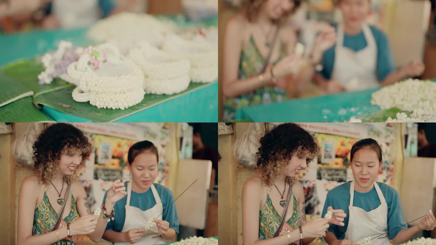 文化探索:与曼谷当地的泰国工匠一起制作花环。