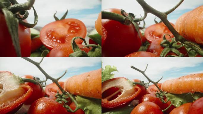 桌上的蔬菜，镜头在切好的西红柿、黄瓜和辣椒之间滑动，这是一个微距滑块。