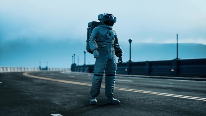 穿太空服的太空人站在公路桥上
