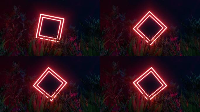 红色的霓虹灯在丛林中闪烁。未来的3d动画与复制空间